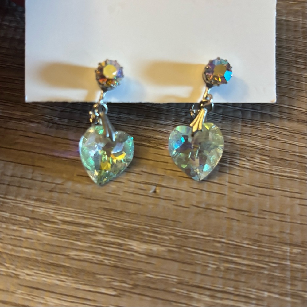 Coro Vintage Crystal Clip Earrings Aurora Borealis Dangle Heart Shiny Signed 9M